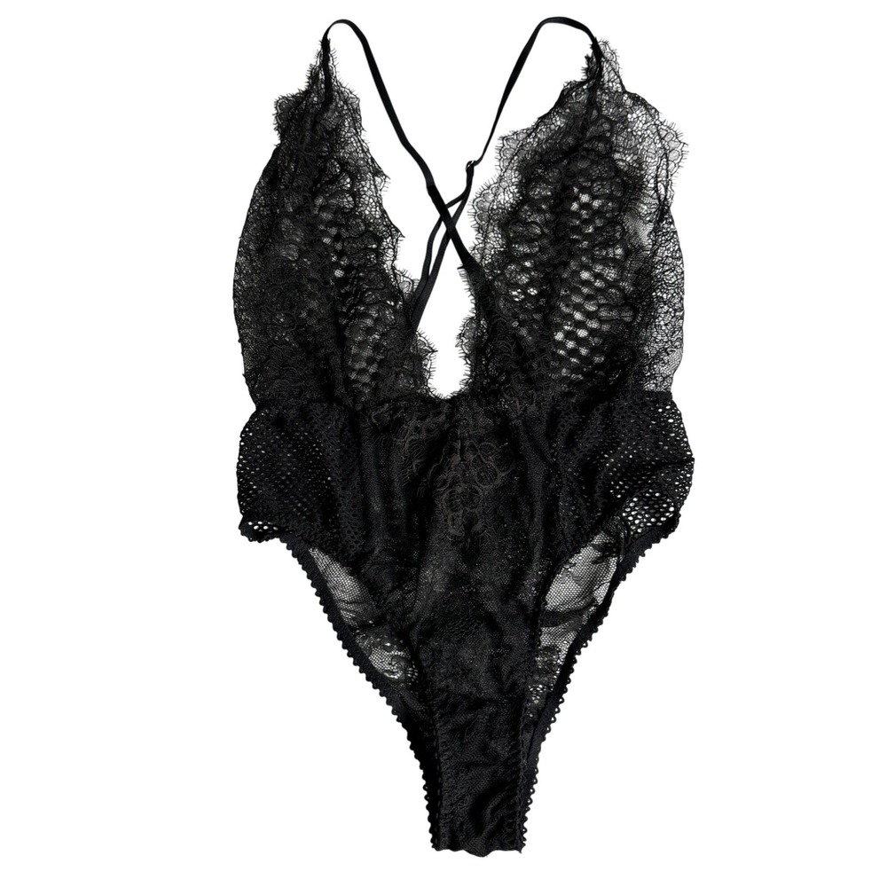 Victorias Secret Black Lace Sheer Bodysuit Plunging V Neck Whimsygoth Size Small